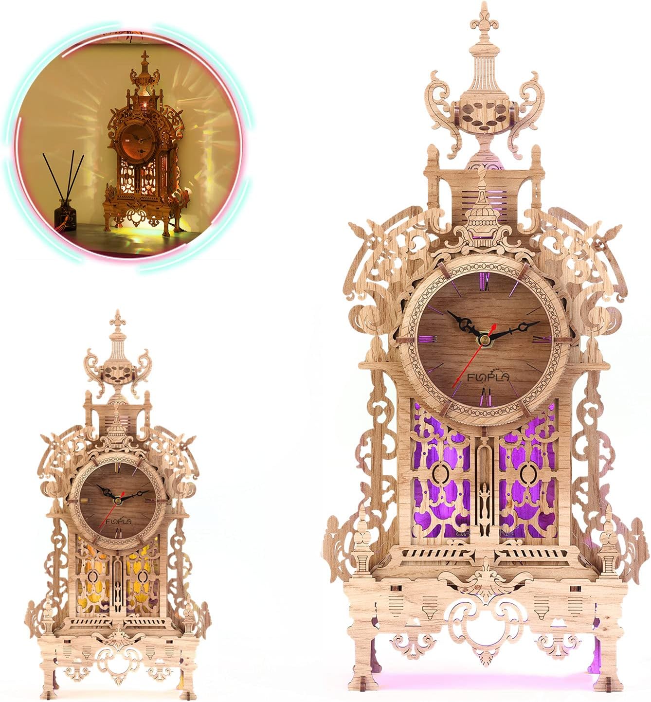 3D Wood Puzzle LED Tower Clock, 3D Puzzle Building Desktop Clock Model DIY Architectural Building Blocks (LED-TC01 Wood)