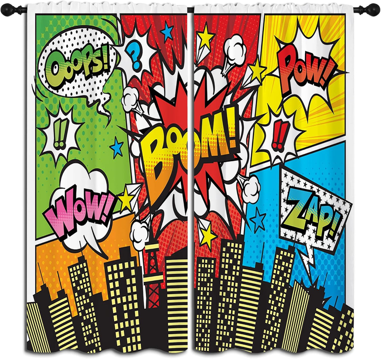 Superhero City Wars Explosion Rod Pocket Blackout Curtains for Boy Girl Bedroom, Colorful Comics Ar Thermal Insulated Home Window Drapes for Living Room Darkening, 55x63 inch