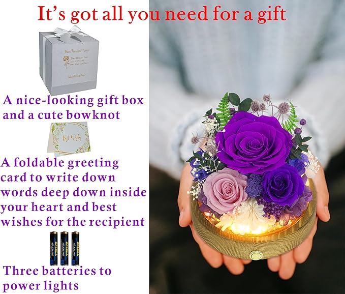 Valley of Rain & Forest Long-Lasting Real Flowers, Unique Floral Gift for You to Send Love for All Occasions, for Indoor Decoration (Dark Purple & Pink Roses Arrangement)