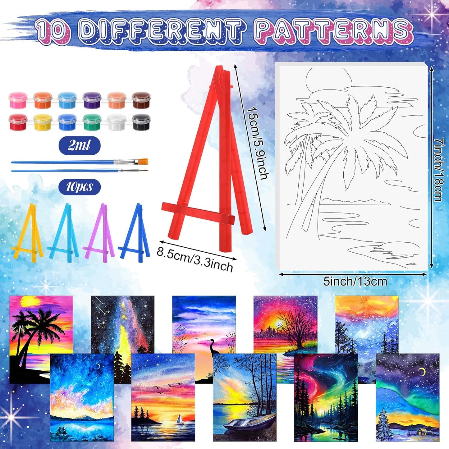 Blosssound 10 Set Pre Printed Canvas Pre Drawn Canvas Painting with Easel Kits 5" x 7" Outline Painting Panels for Beginners, DIY Craft Project, Party Favor, Home Decors(Dream Sky)