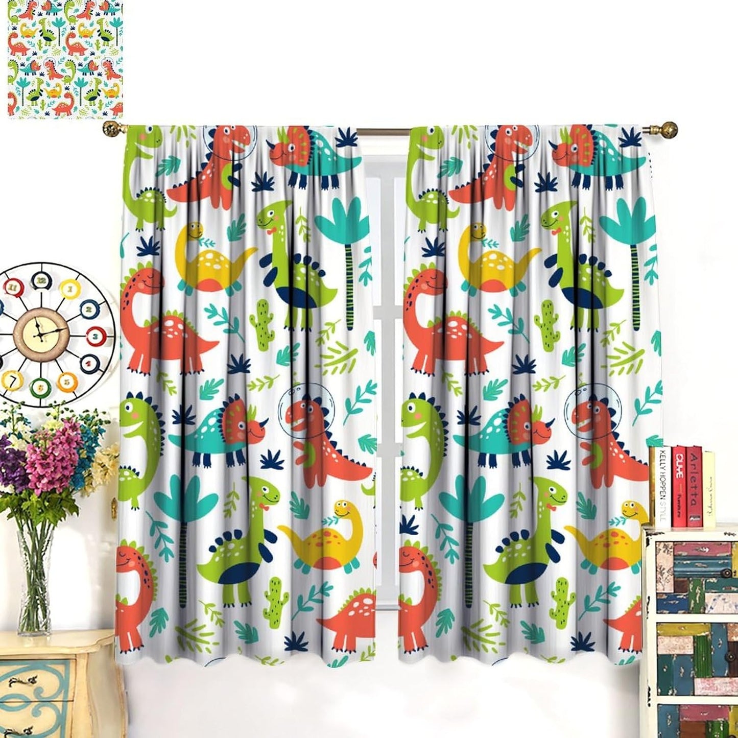 Rustic Dinosaurs Curtains Colorful Dino Kids Boys Cartoon Cute Cool Funny Decor Printed Blackout Rod Pocket Window Drapes for Living Room Bedroom W31.5xL63in 2 Panels