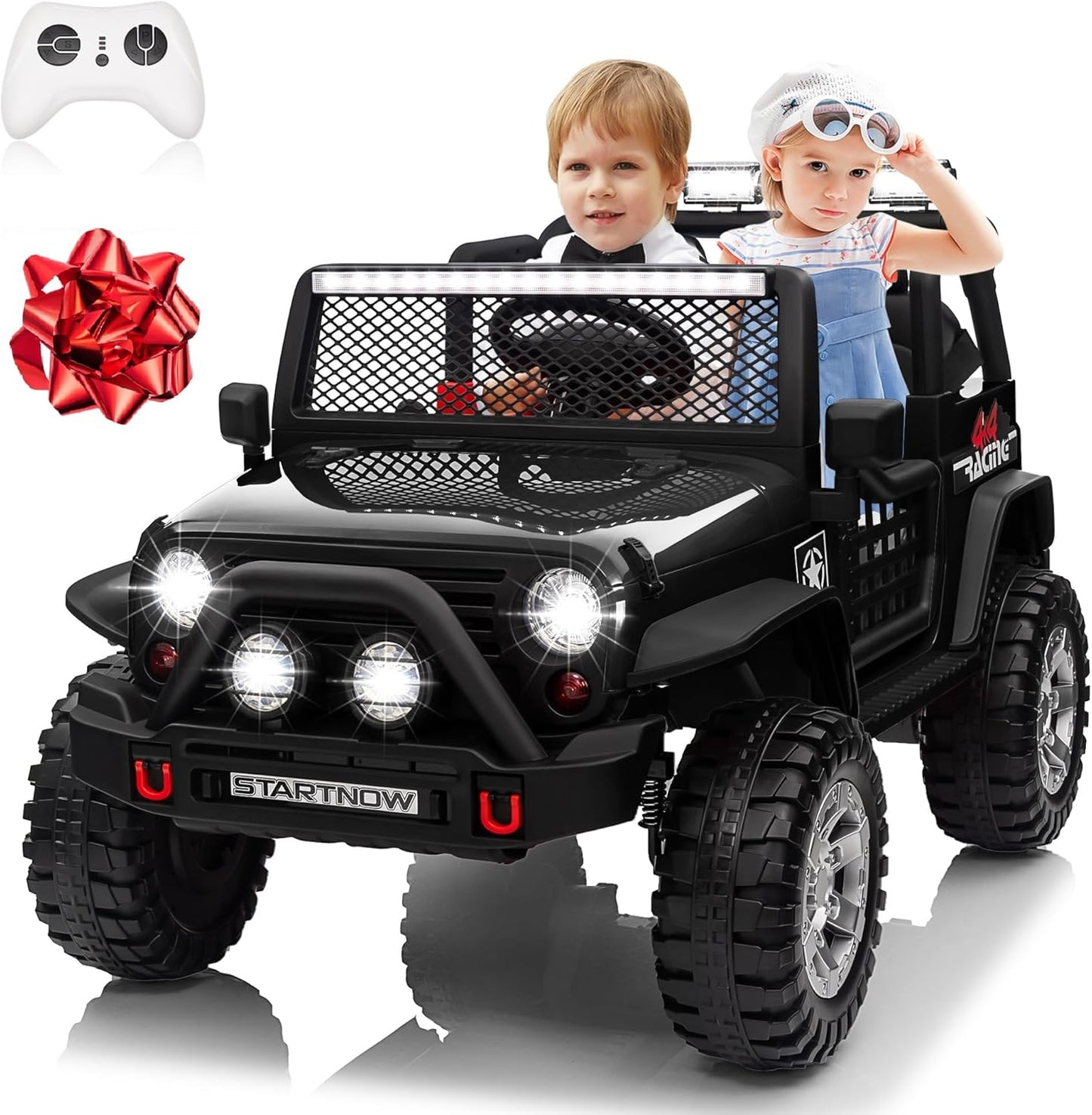 24V 4WD Ride on Truck Car w/800W Motors, Gift Flower, Remote Control, 2 Seaters, Light Bar, 3 Speeds, Pop Music, Power Four Wheels, 24 Volt Ride on Toy Car for Big Kids, Black