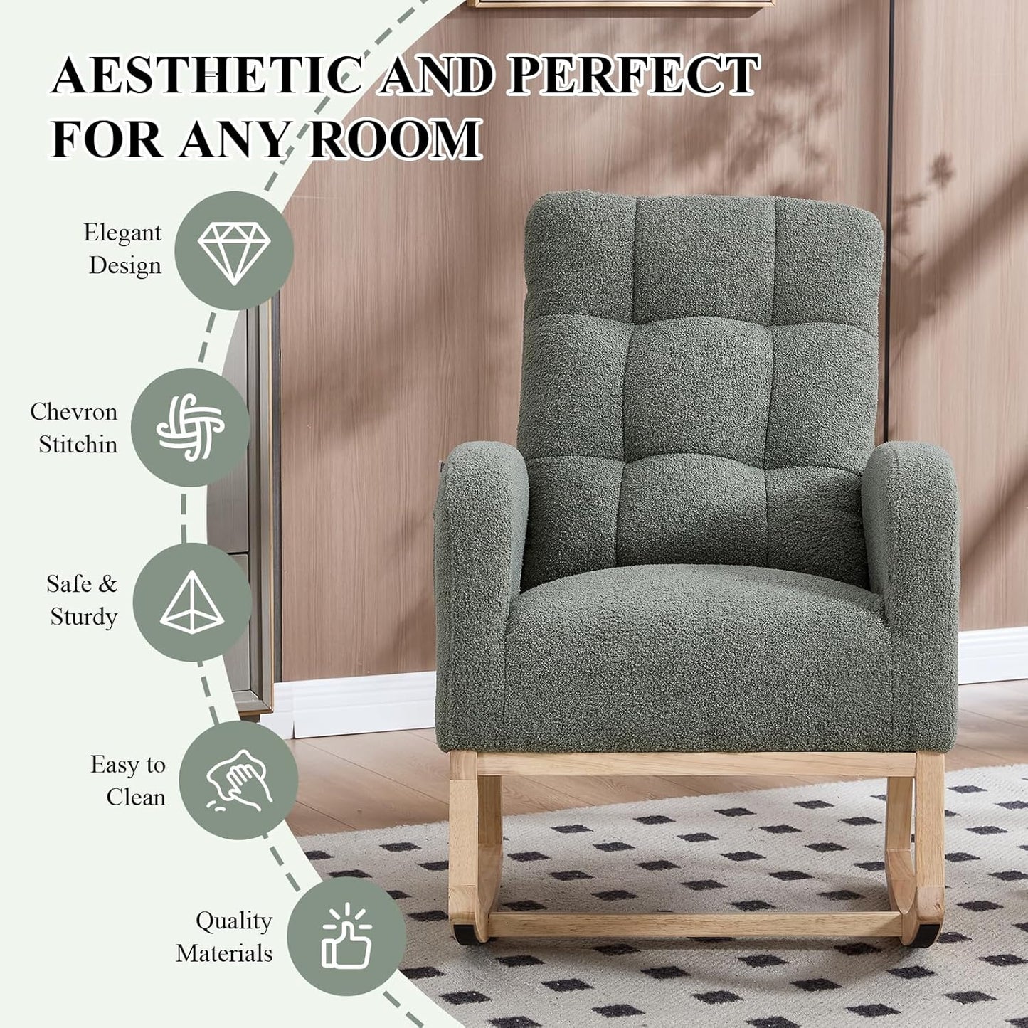 NIOIIKIT Nursery Rocking Chair, Teddy Upholstered Glider Chair with Side Pocket, Glider Rocker Chair with Tufted Back, Comfy Accent Nursing Chair for Living Room (Olive Green Retro)