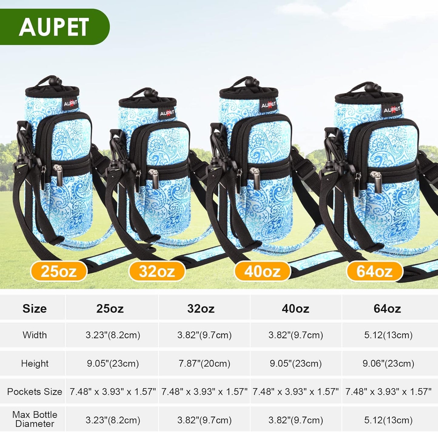 AUPET Water Bottle Sling Bag Sleeve Holder Carrier 25/32/40/64 oz,Insulated Crossbody Water Bottle Case Cover with Strap and Pockets for Men/Women Walking Hiking