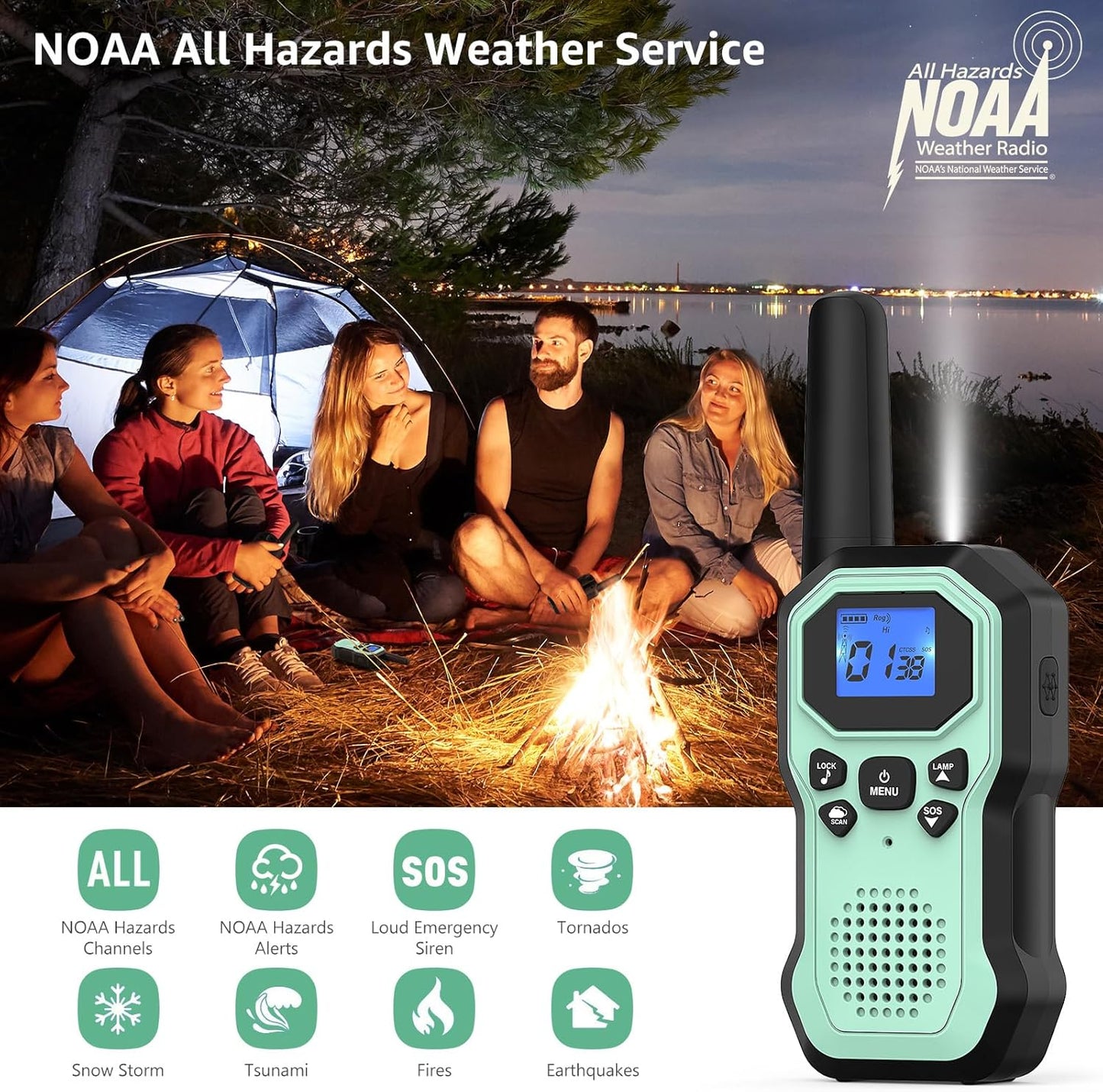 Walkie Talkies for Adults Long Range 2 Way Radios for Kids Rechargeable 4 Pack, Hiking Camping Skiing Cruising Gear with Lamp, USB-C, SOS Siren, NOAA Alert, iVOX Hands-Free, One-Touch Pairing