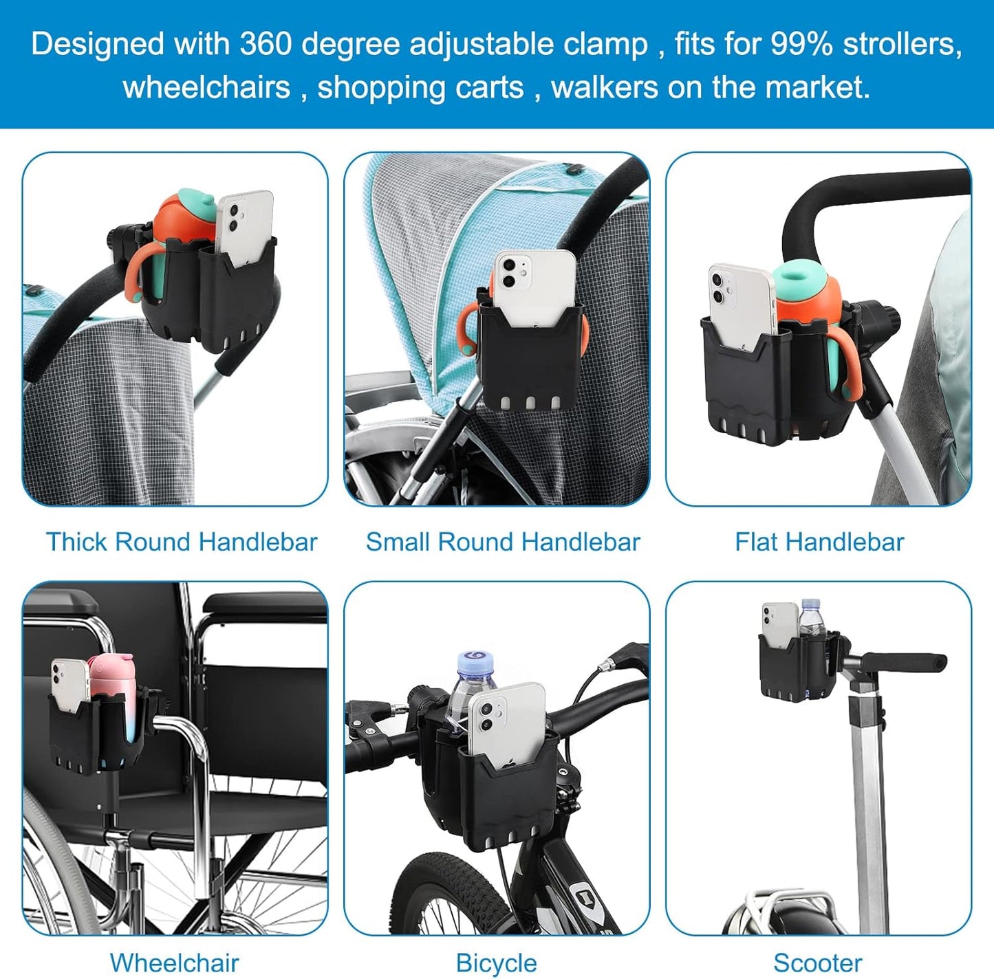Accmor Stroller Cup Holder with Phone Holder, Universal Cup Holder, Bike Cup Holder, 360° Rotatable Large Caliber Drinks Holder for Stroller, Bike, Wheelchair, Walker