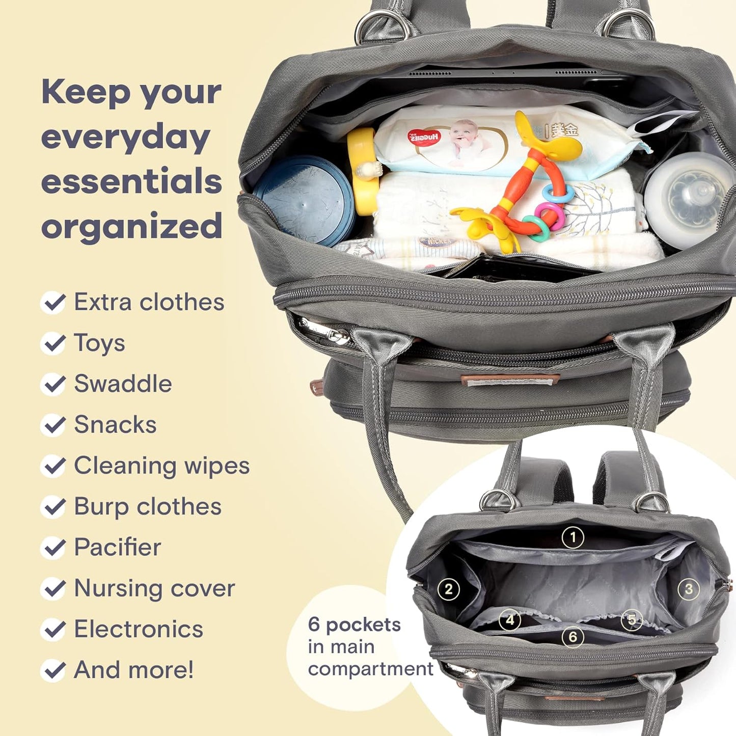 RUVALINO Diaper Bag Backpack, Multifunction Travel Back Pack Maternity Baby Changing Bags, Large Capacity, Waterproof and Stylish, Iron Gray