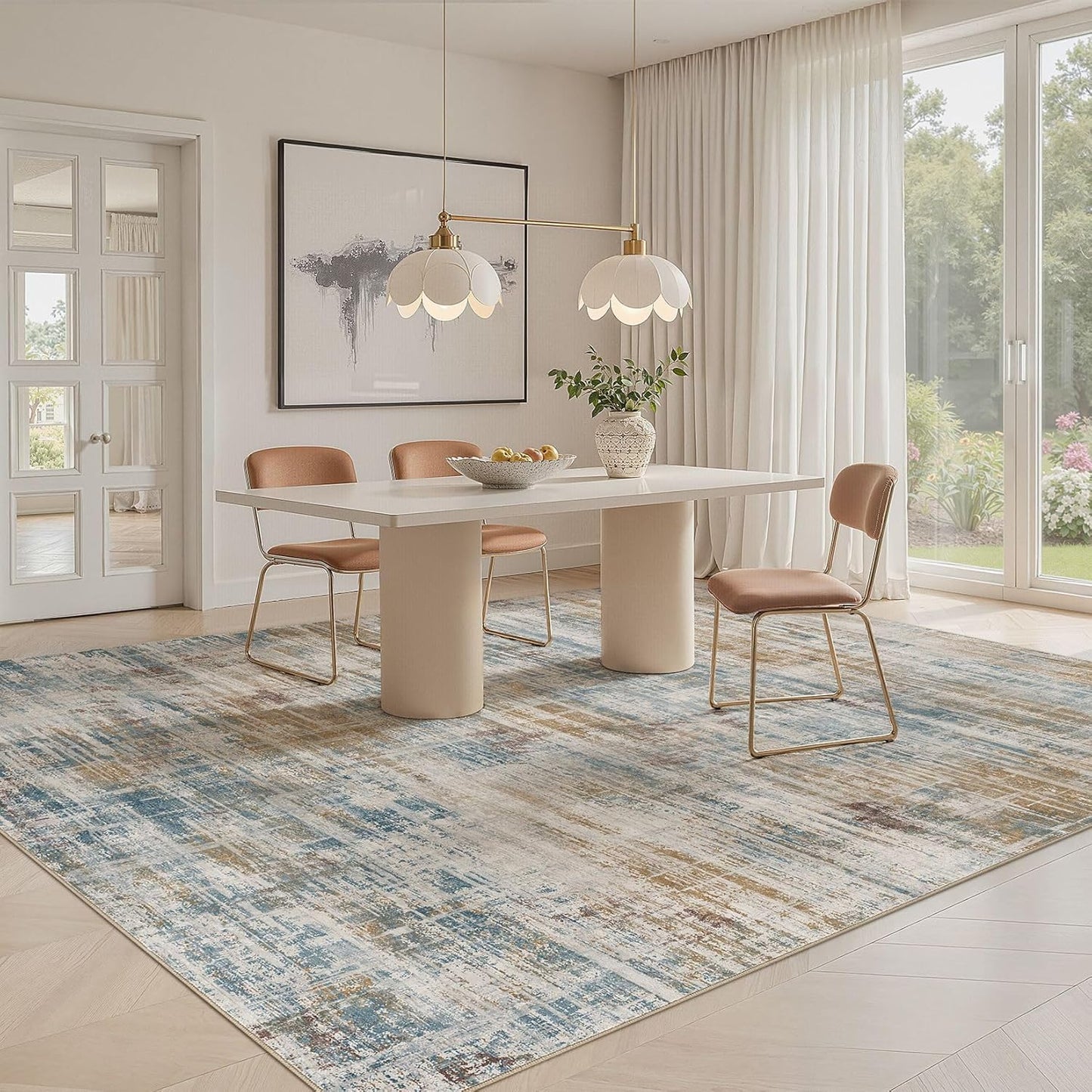 Area Rug for Living Room: 8x10 Washable Neutral Abstract Modern Soft Rugs Non Slip Indoor Floor Stain Resistant Large Carpet for Bedroom Dining Room Office Nursery - Blue Brown