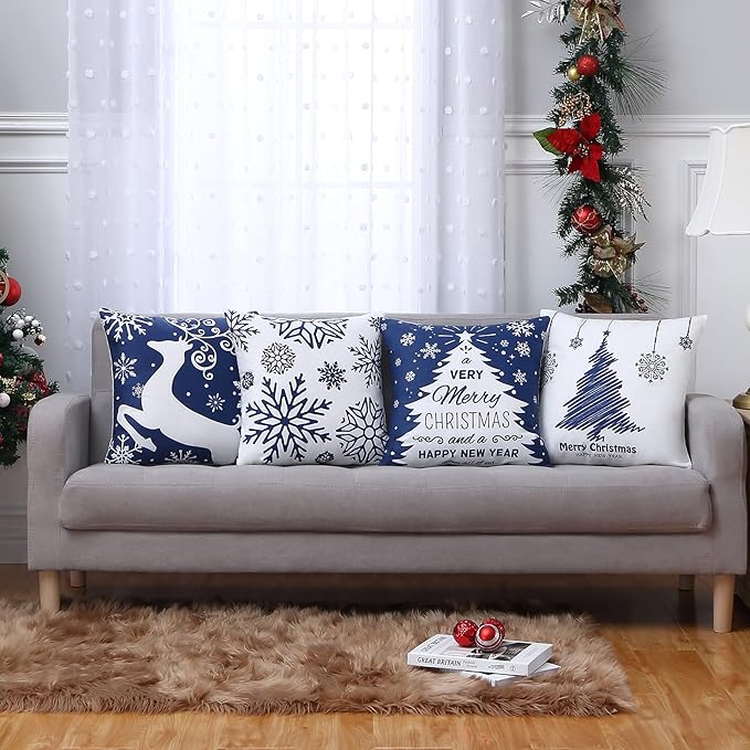 NANAN Christmas Pillow Covers 18X18 Inch Set of 4 Navy Blue Christmas Pillow Cases Snowflake Merry Christmas Holiday Pillowcases Xmas Trees Elk Deer Decorative