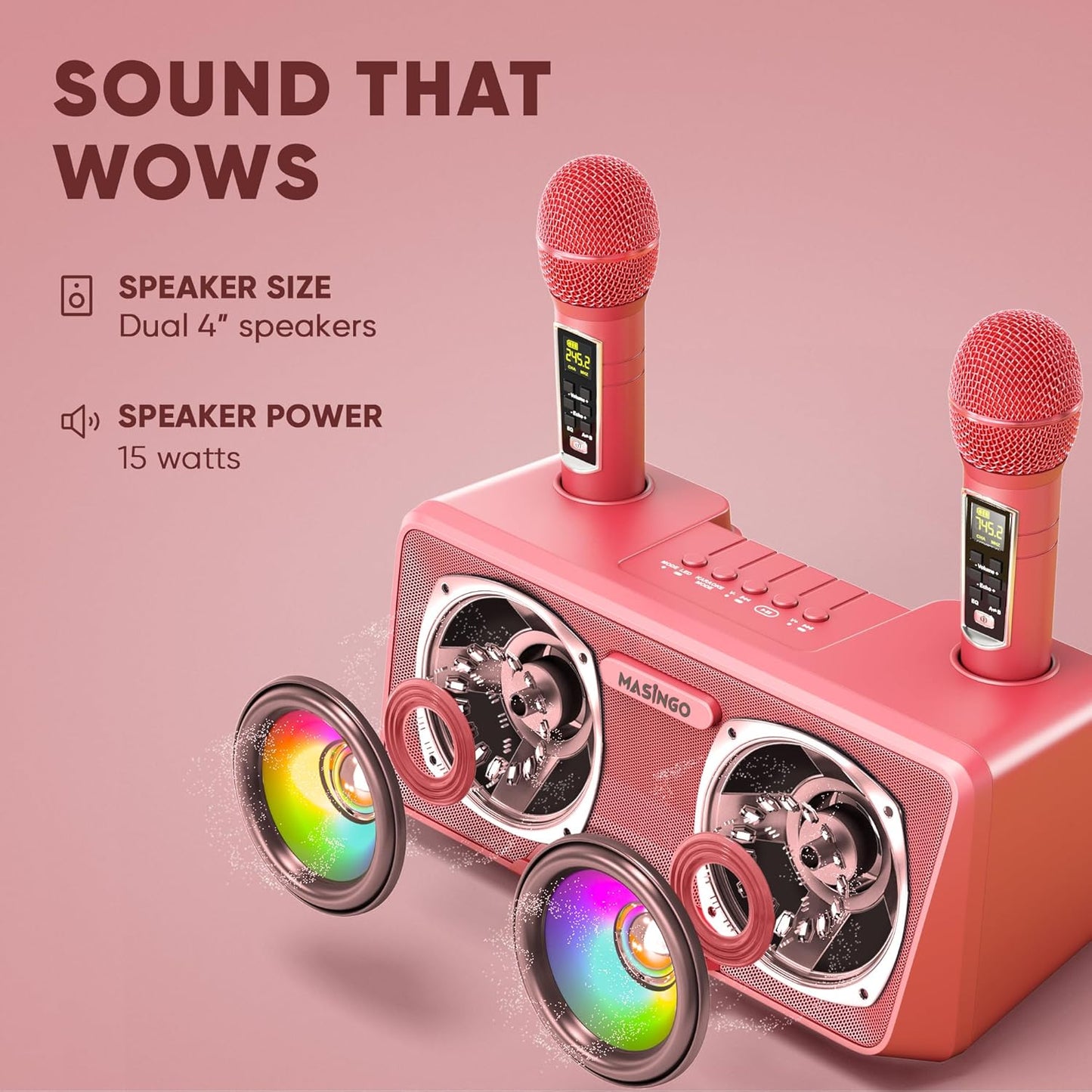 MASINGO Karaoke Machine for Adults and Kids with 2 Wireless Microphones, Portable Bluetooth Singing Speaker, Colorful LED Lights, PA System, Lyrics Display Phone Holder, and TV Cable. Presto G2 Pink