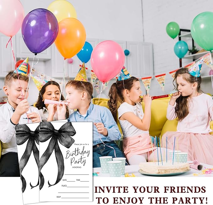 SIXEIGHT Black Bow Birthday Invitations, Black Ribbon Bow Birthday Party Invitations, 20 Party Invitations with Envelopes for Girls Boys, Birthday Party Favor & Decoration (4"x6")-A02