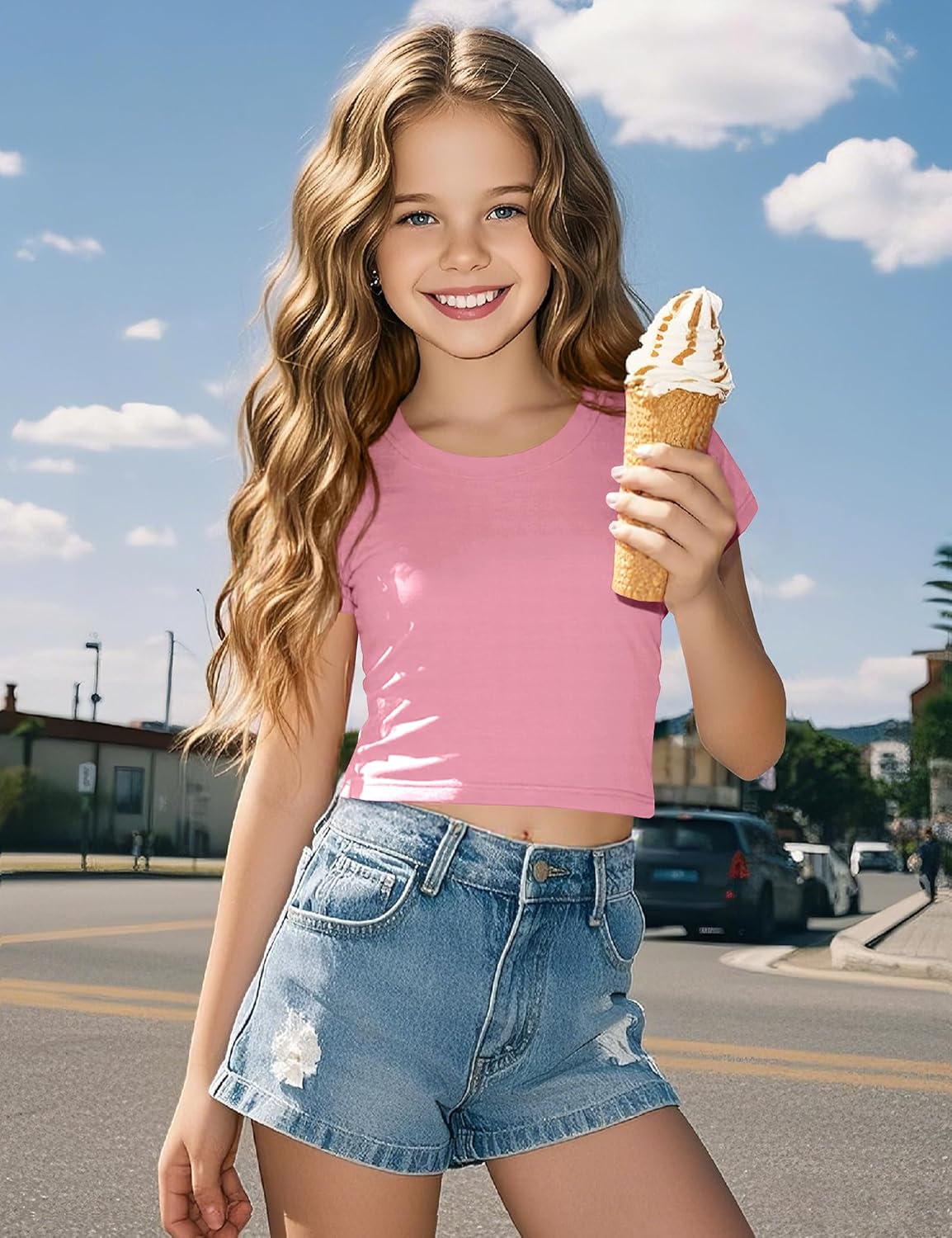 Auranso Girls Crop Tops Summer Short Sleeve Round Neck T Shirts Basic Tee for Kids
