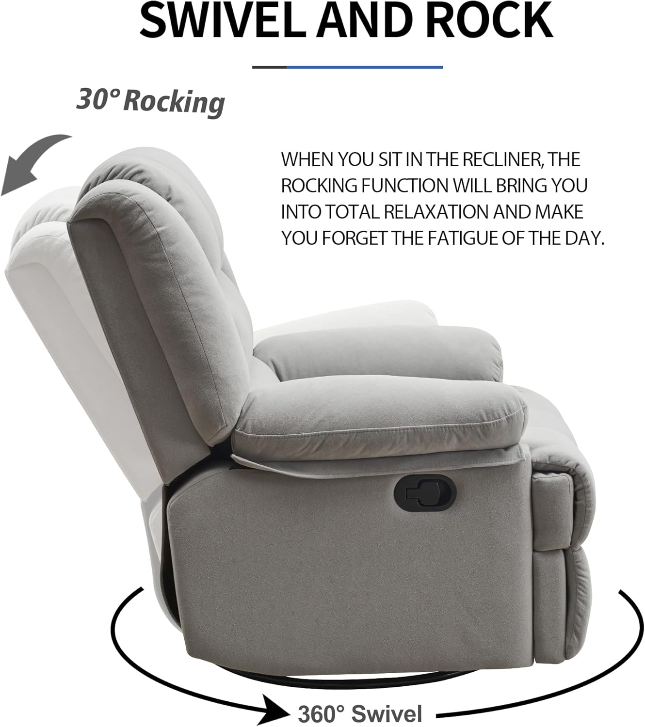 Swivel Rocking Recliner Chair for Adults, Overstuffed Manual Glider Rocker Recliner Chairs, Upholstered Reclining Single Sofa for Living Room Nursery (Light Grey)