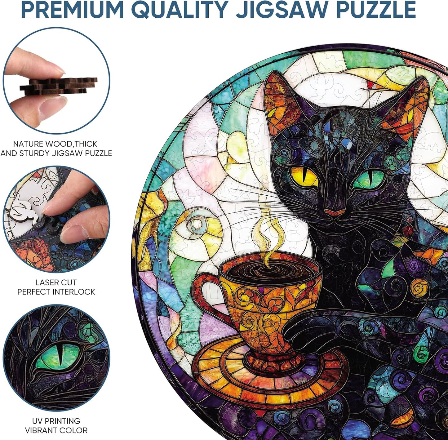Wooden Puzzle for Adults, Black Cat Wooden Jigsaw Puzzles(16.5 * 16.5in-500pcs), Unique Animal Shape Wood Cut Puzzles Best Gift for Adults and Kids Family Game