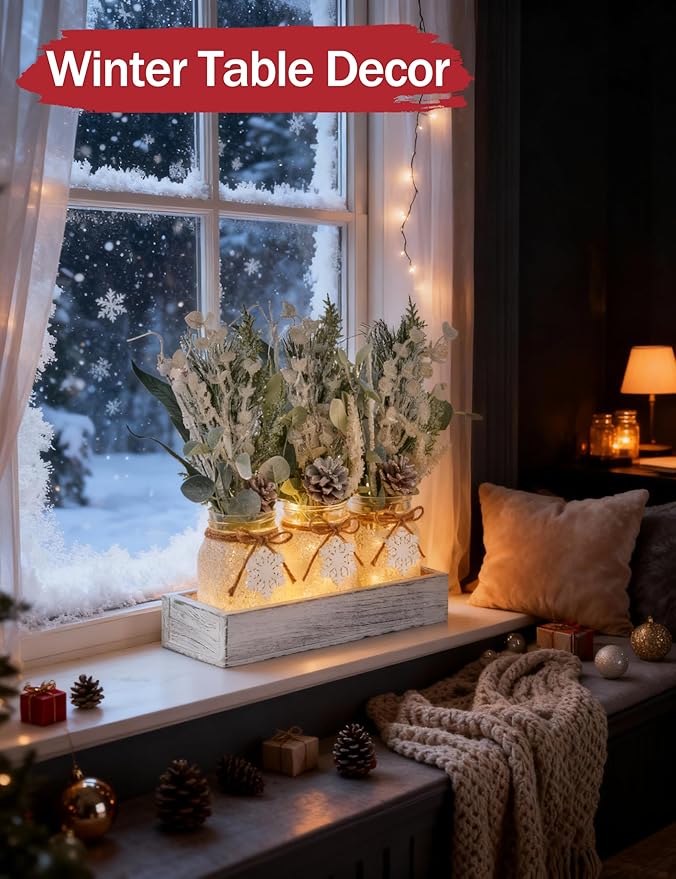 Winter Centerpieces for Tables, Table Decor with Mason Jar, Flowers Picks, Farmhouse Wood Tray, Snowflake Sign, Christmas Winter White Wonderland Table Decorations Centerpieces Indoor for Home