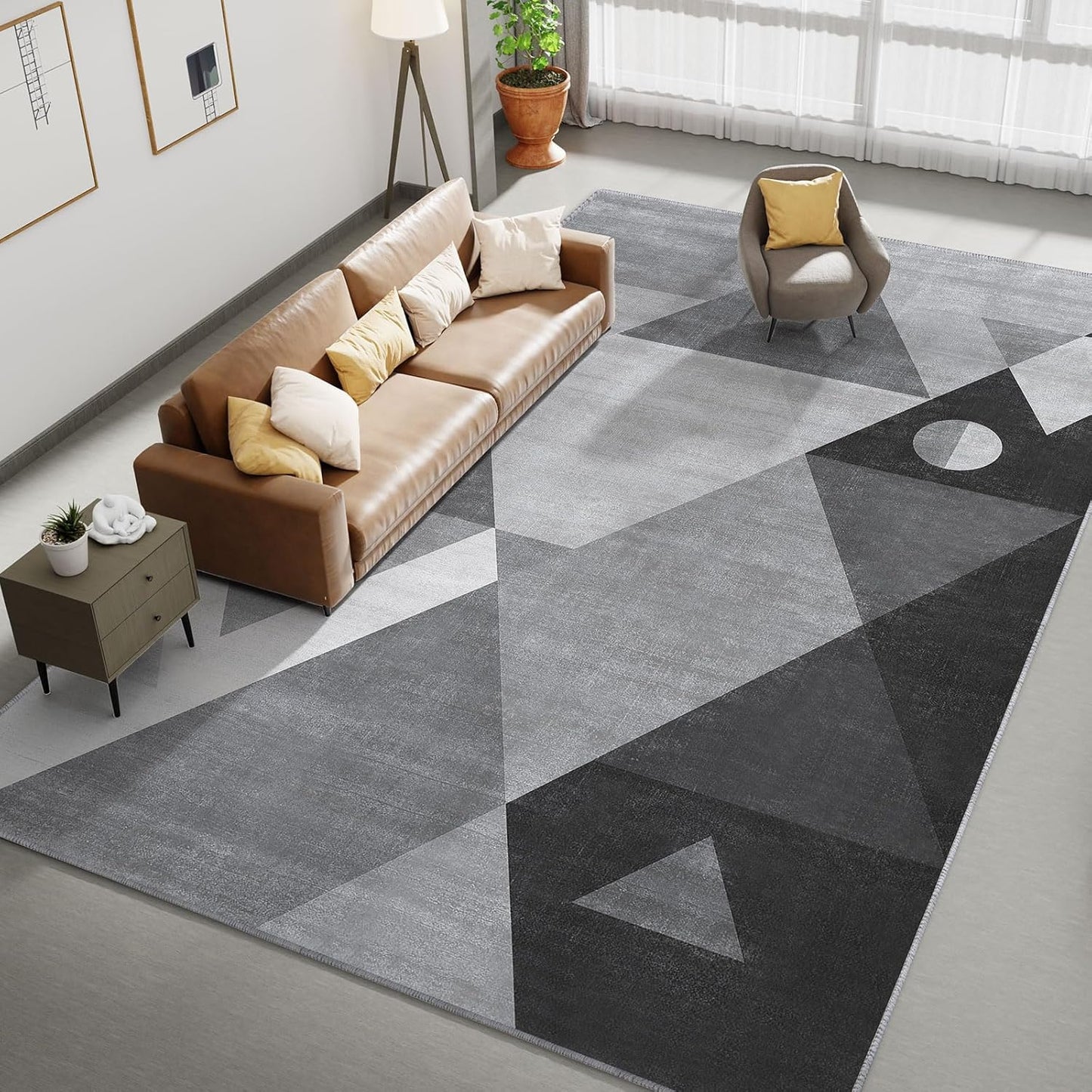 HOMFINE Washable Modern Area Rug - Geometric Style 9x12 Rugs for Living Room, Bedroom, Machine Washable Rug Soft Non Slip Non Shedding Area Rug - Grey, 9'x12'