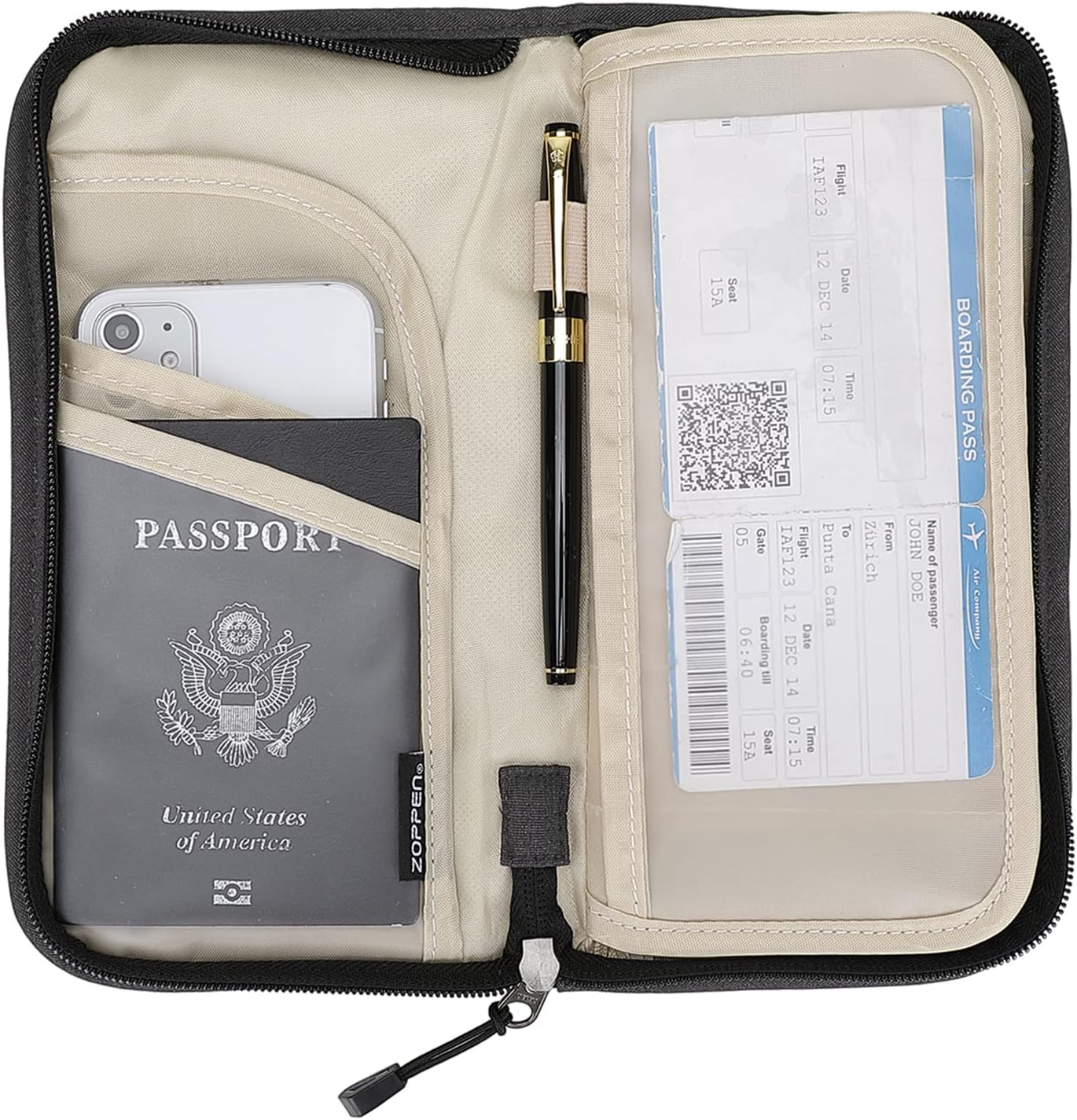 ZOPPEN Passport Holder Family RFID Passport Wallet, Passport Holder Women/Men, Travel Wallet Documents Organizer Zipper Case with Removable Wristlet Strap, Travel Essentials for Flying