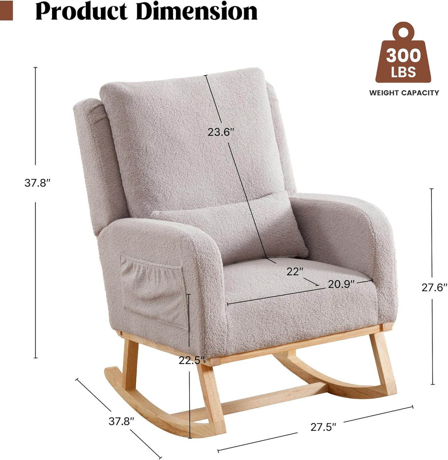 Rocking Chair Nursery, Sherpa Nursing Rocking Chairs, Upholstered Nursery Glider Rocker for Mom Nursery Morden Accent Rocking Chair Pillow for Living Room,Bedroom,Teddy Light Grey