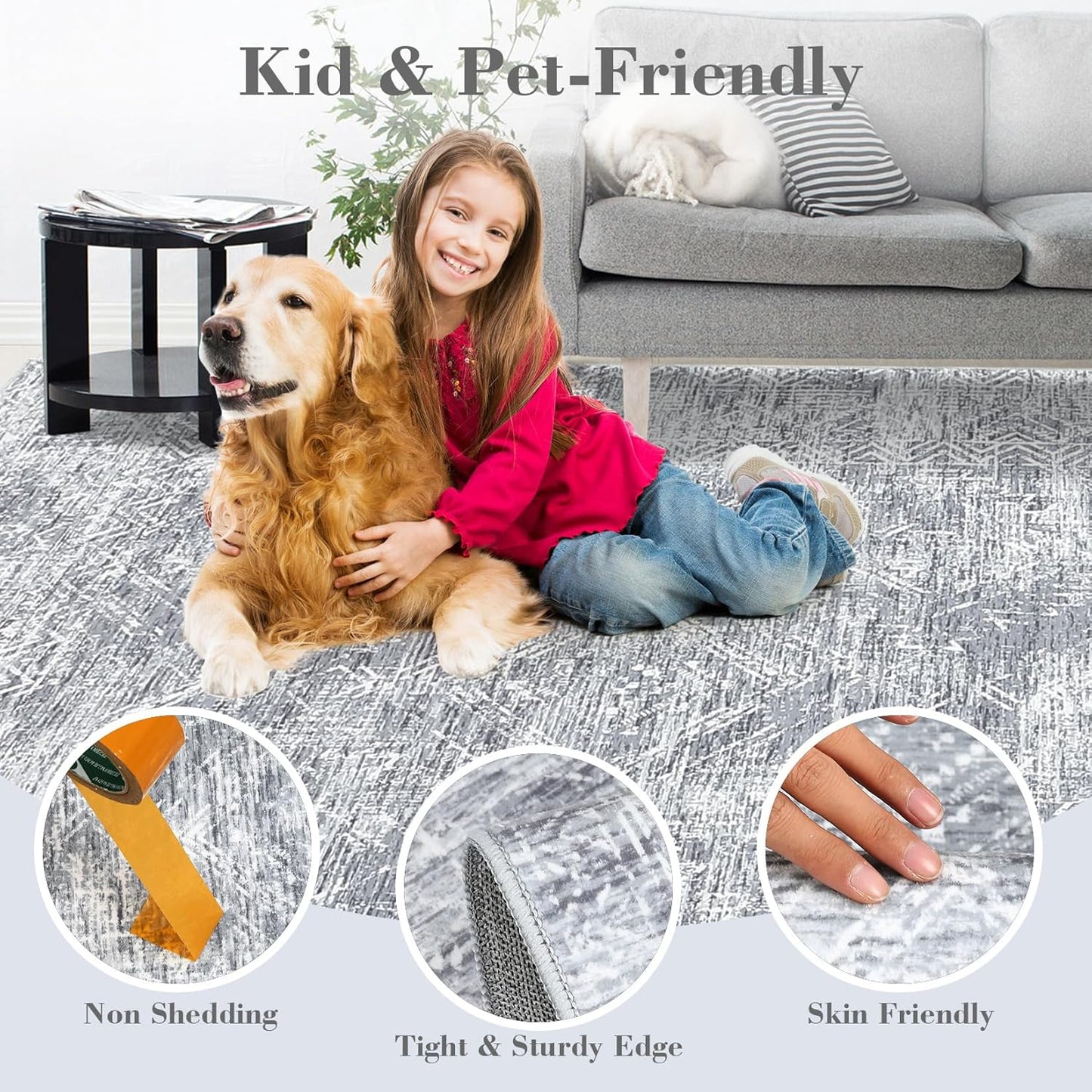 COZYLOOM 6x9 Rug Living Room Washable Modern Distressed Accent Carpet with Non-Slip Backing, Ultra-Soft Contemporary Geometric Floor Mat for Kitchen, Bedroom, Grey