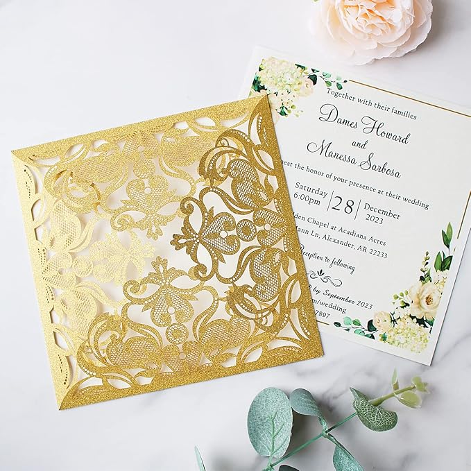 Hosmsua 50PCS Personalized Gold Laser Cut Wedding invitation Cards With Envelopes 6.3 x 6.3 Inch Hollow Lace Rose Invitation Pocket for Engagement Wedding Bridal Shower Invite (Gold Glitter)