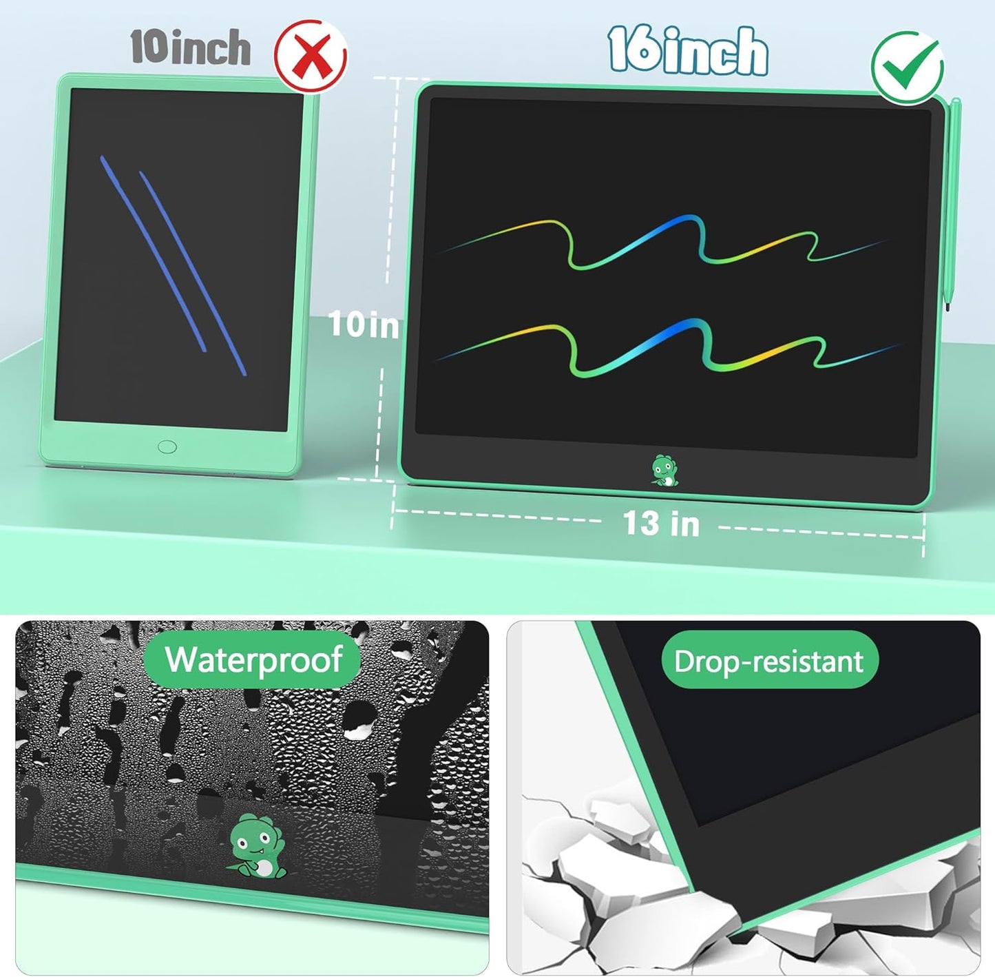 Hockvill LCD Writing Tablet for Kids, Toys for Girls Boys Drawing Pad for 3 4 5 6 7 Year Old Kid, Toddler Doodle Board Christmas Birthday for Children (16 INCH, Green)