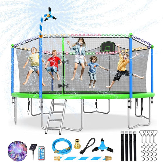 Upgraded 10/12/14/15/16FT Trampoline Outdoor, Large Kids Trampoline with Light, Stakes, Sprinkler, Backyard Trampoline with Basketball Hoop and Net, Capacity for 4-6 Kids and Adults