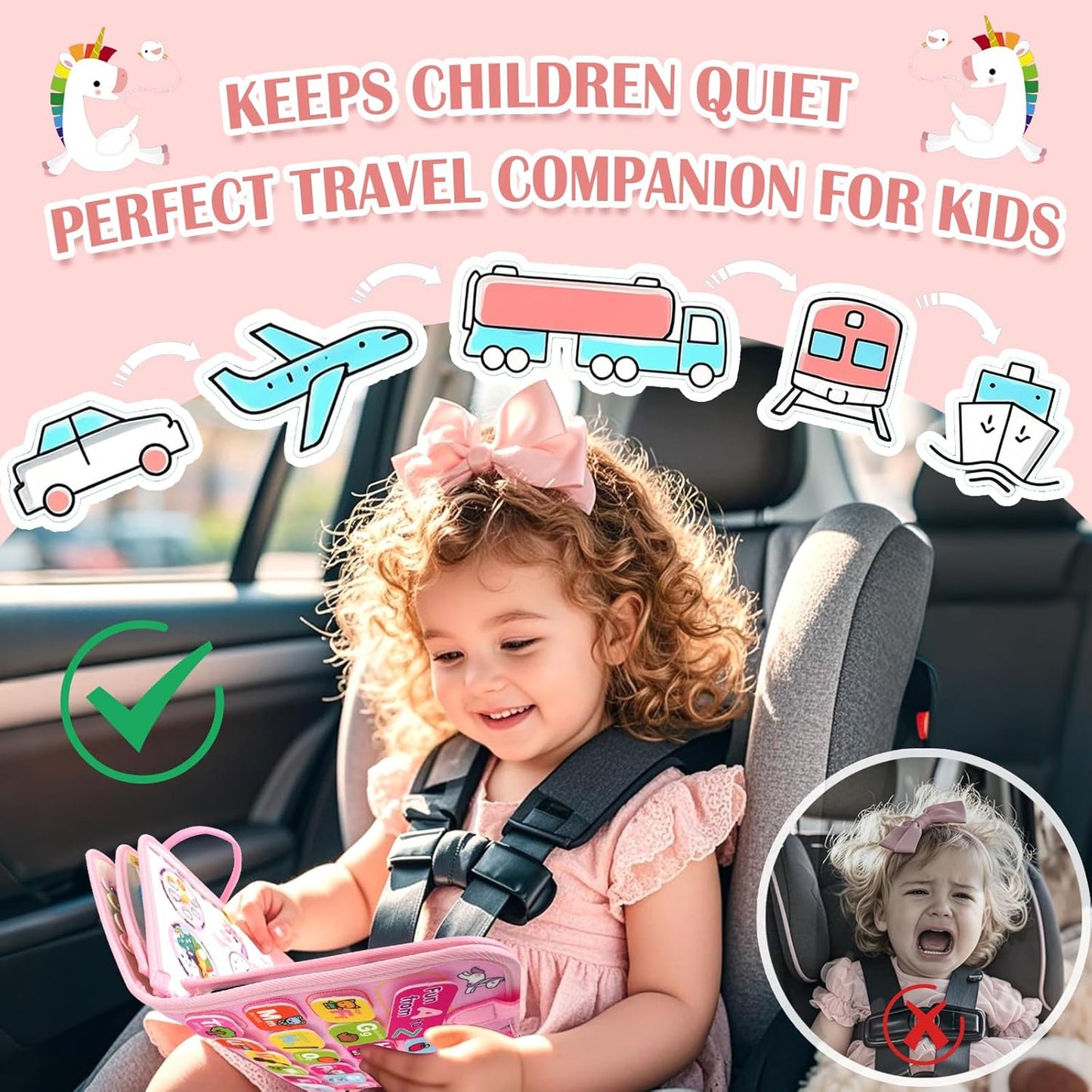 Toddler Busy Board Montessori Toys for 1 2 3 4 Year Old Girl Birthday Gift,Educational Learning Sensory Busy Book for 1-3, Airplane Car Travel Activities Toy for Two Year Old Girl(Pink)