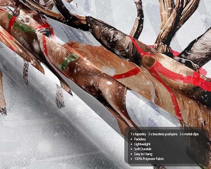 QGHOT Winter Tapestry Wall Hanging Winter Forest Backdrop Christmas Snowy Deer Wall Decor Snow Elk Tapestries for Bedroom Living Room Dorm Party Decoration, Extra Large