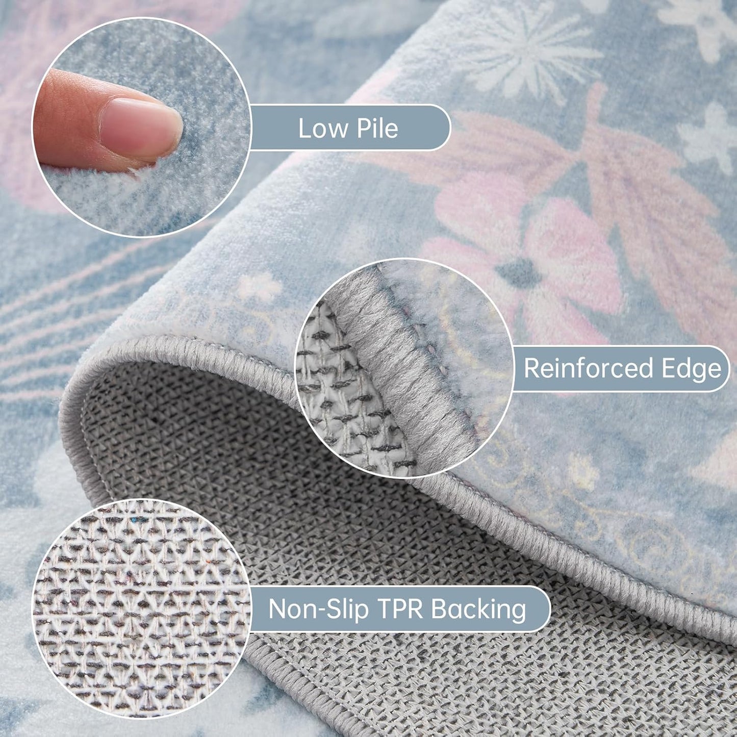 Washable Rugs 2x3 Throw Rugs for Entryway Non Slip Stain Resistant Doormat Light Blue Low Pile Faux Fur Farmhouse Boho Floral Area Rugs for Front Door Kitchen Bed Bedside Pet Home Decor