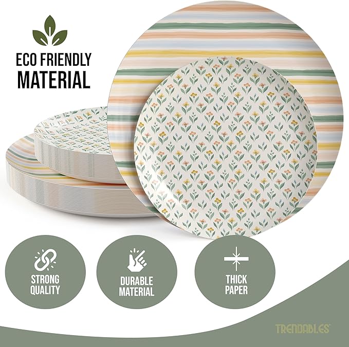 Trendables Heavy Duty Paper Plates Set For 16 Guests - 16 Each Of 8-inch And 10-inch Disposable Plates For Party - Fancy 32 Piece Dinnerware Set For All Occasions | Floral Design, Folk