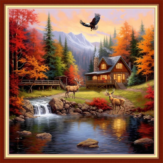 Stamped Cross Stitch Kits - Beach Night Landscape Counted Cross Stitch Kits for Beginners Adults Needlepoint Cross-Stitch Patterns-House Elk 18x18 inchs