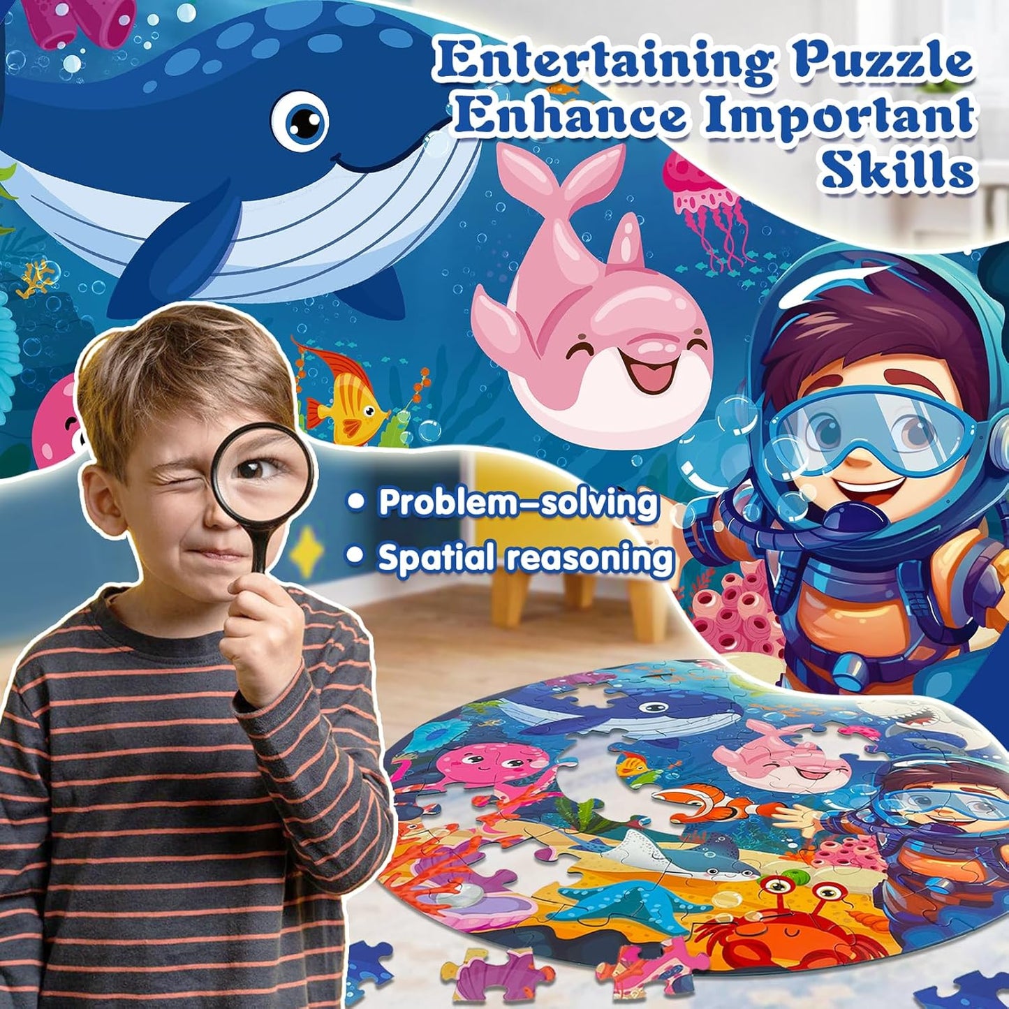 Puzzles for Kids Ages 4-6, Large 70 Piece Round Ocean Floor Puzzles, Kids Puzzles 4-6 with Colorful Underwater World, Educational Learning Toys for 3, 4, 5, 6, 7, 8