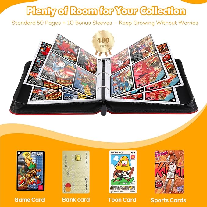 480-Card Binder – 4-Pocket Trading & Gaming Card Album with 60 Removable Sleeves, Portable PU Leather Zipper Case with Handle, Fits MTG & Sports Cards – Gift for Collectors