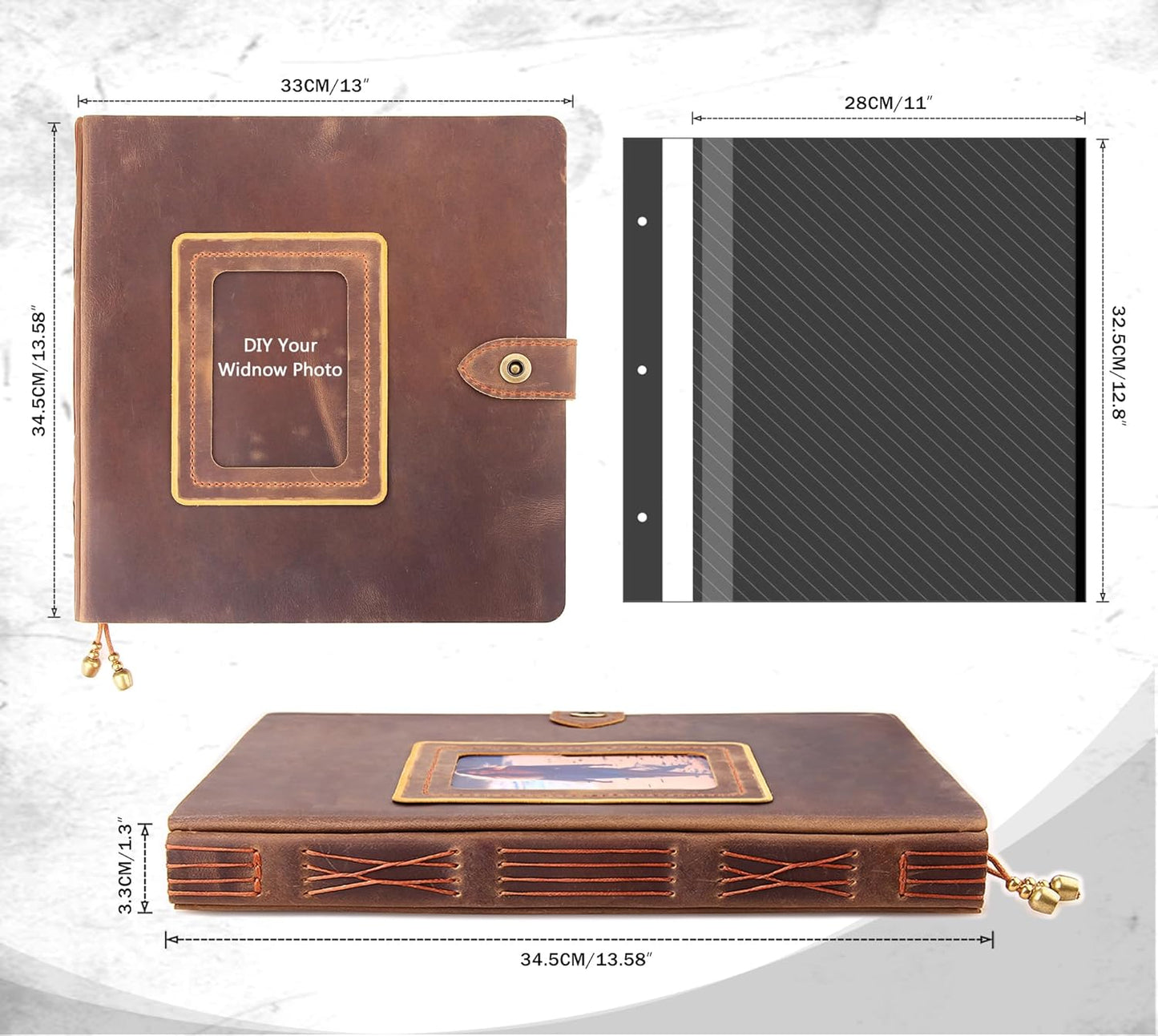 Leather photo Album Self Adhesive Pages, Handamde Leather Scrapbook Photo Album, Wedding Family Album, Holds 3x5, 4x6, 5x7, 6x8, 8x10 Photos - Brown