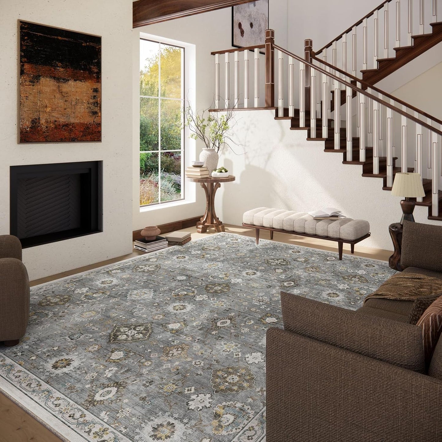 Machine Washable Rug for Living room: 8x10 Area Rugs Boho Vintage Rugs Stain Resistant Non Slip Low Pile Lightweight Soft Carpet for Bedroom Kitchen Dining Room Nursery Kids Room Farmhouse Home Office