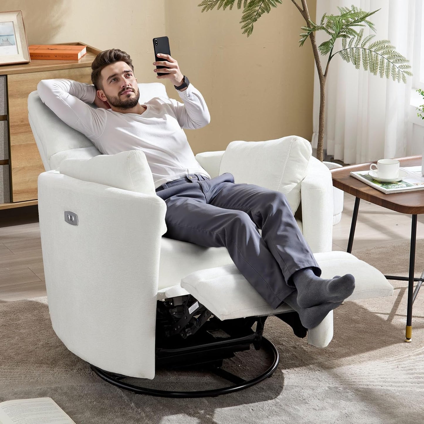Power Recliner Swivel Rocking Glider, Upholstered Electric Rocking Adult Recliner with USB Port,Nursery Rocking Chair with 2 Pillows Living Room Bedroom (White, Power-Driven)