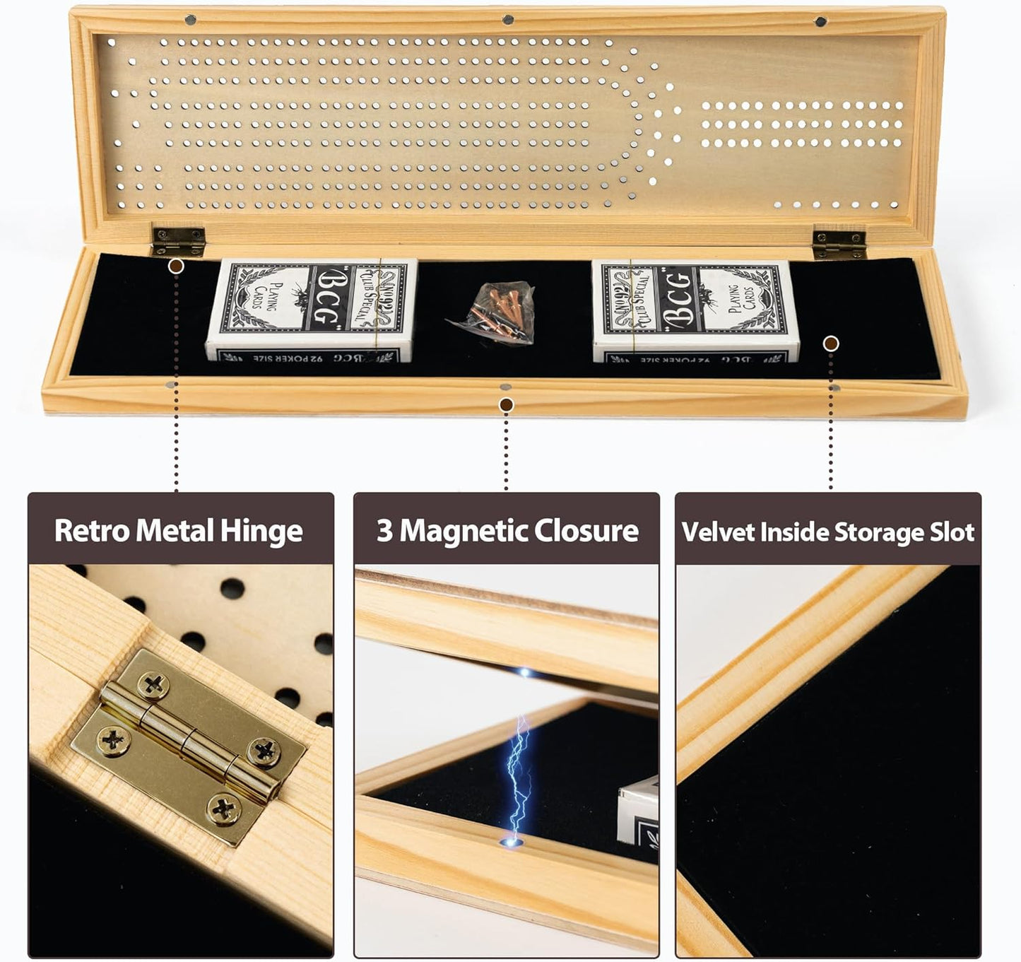 Cribbage Board Game Set, Premium Wooden Board with Magnetic Lock and 9 Metal Pegs, 2 Decks of Playing Cards, Large Storage - Travel Portable 3-Track Cribbage Game Sets for Family (Instruction Include
