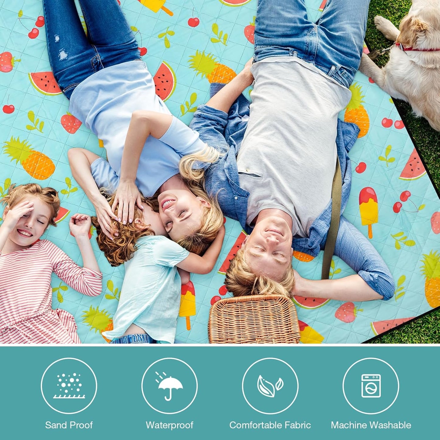 Picnic Blanket Extra Large 79" x 79", Washable Picnic Blankets, Camping Blanket with Portable Handle & Shoulder Strap - SummerFruits