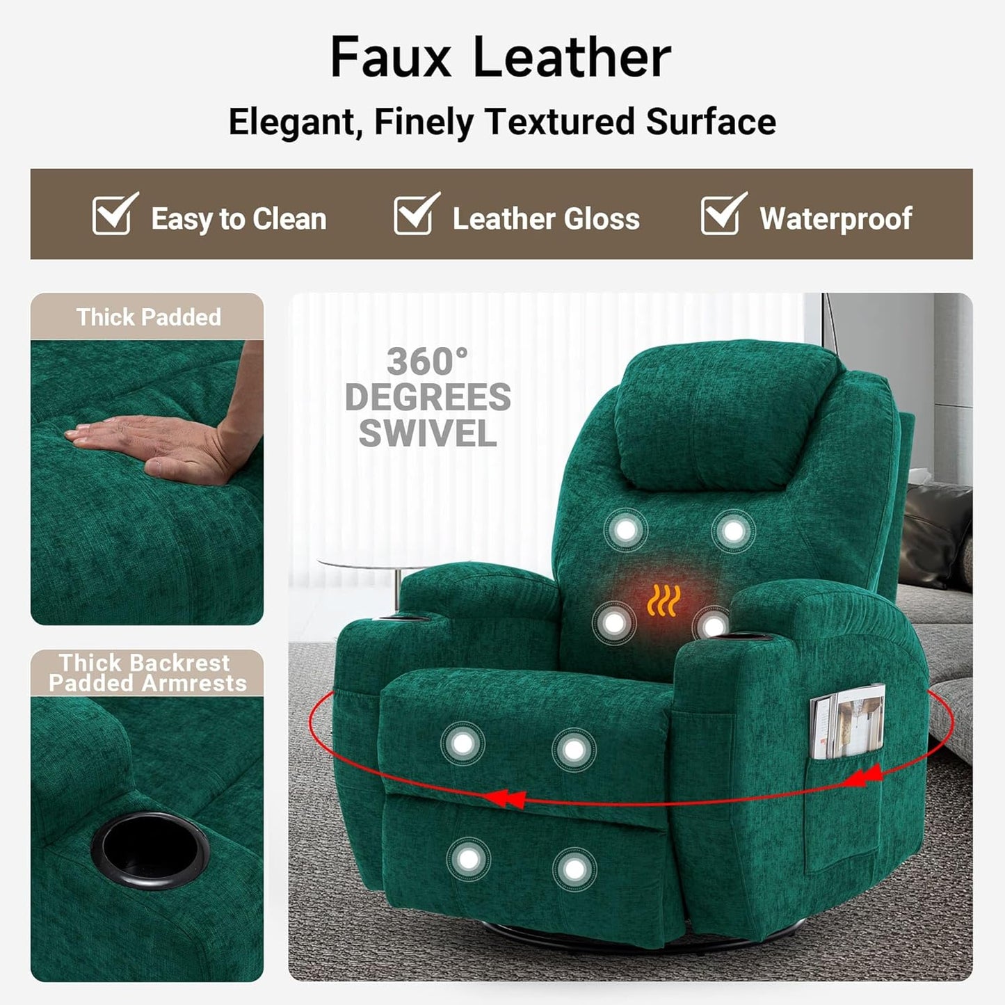 Recliner Chair, Rocking Recliner Chair for Adults with Massage and Heat, Swivel Rocker Recliner with Remote and Cup Holder, Cashmere Manual Recliner for Nursery, Living Room, Green