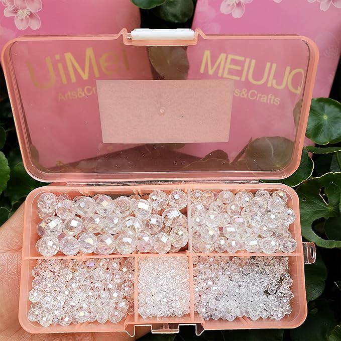 2-10mm Briolette Rondelle 810pcs White AB Crystal Glass Beads Faceted Shape Crystal Spacer Beads for Bracelet Necklace Decorative Hand Jewelry Making (2/4/6/8/10mm White AB)