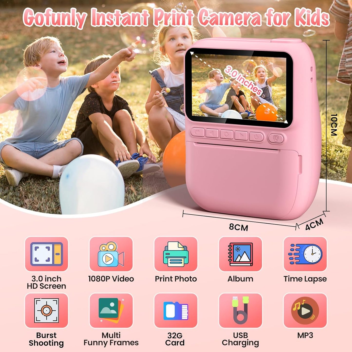 Instant Print Camera for Kids, 3.0" HD 32MP Kids Camera 1080P with 3 Rolls of Printer Paper, Birthday Gifts Toy for 3-12 Year Old Girls Boys with 32GB SD Card-Pink