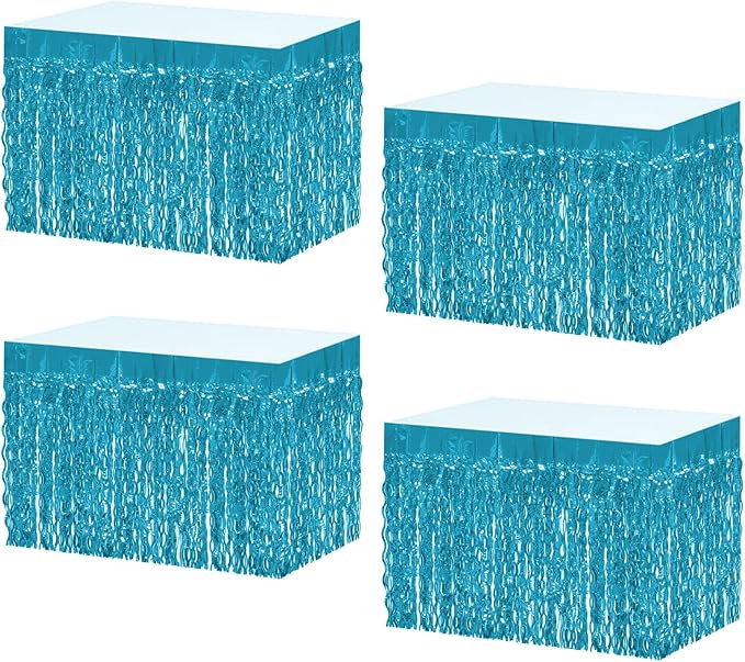 4P Wavy Metallic Tinsel Foil Fringe Table Skirts for Rectangle Tables Backdrop Garland Curtains for Parade Floats Wedding Birthday Parties Decoration Graduation 2025 Christmas (Lake Blue)