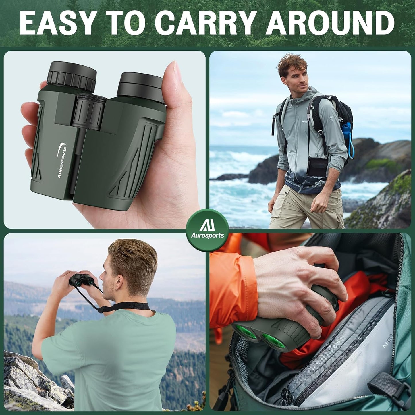 Aurosports 15x25 Compact Binoculars for Adult Kids - High Power Binoculars for Bird Watching - Easy Focus Small Binocular with Low Light Vision for Travel, Camping, Concert, Hiking -Green