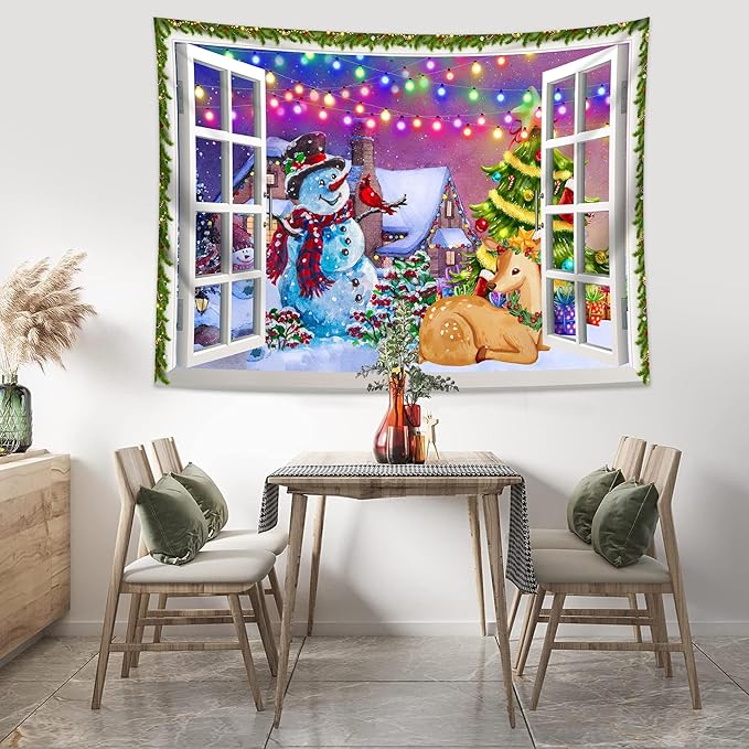 QGHOT Christmas Window Tapestry Wall Hanging, Christmas Backdrop Winter Window Wall Decor Xmas Snowman Deer Tapestries for Bedroom Living Room Dorm Holiday Party Decoration, Large