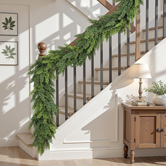 6FT Artificial Christmas Garland, Realistic Greenery Cypress Pine Garland for Mantle Table Railing Fireplace Indoor Outdoor Christmas Decoration