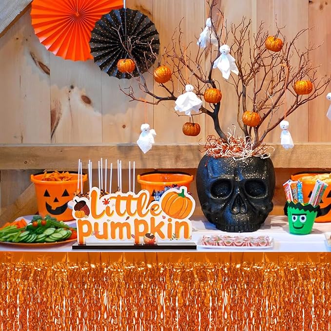 4P Wavy Metallic Tinsel Foil Fringe Table Skirts for Rectangle Tables Backdrop Garland Curtains for Parade Floats Wedding Birthday Parties Decoration Graduation 2025 Christmas (Orange)