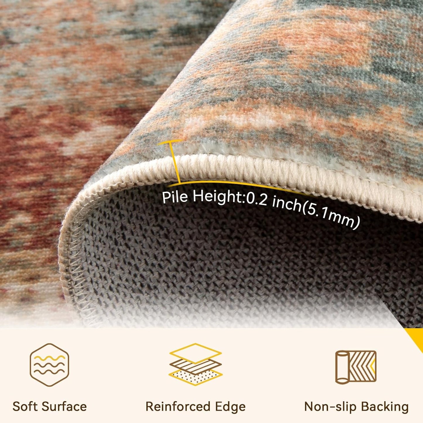 Washable Area Rugs 2'x6' Non-Slip Modern Abstract Soft for Living Room Entryway Bedroom Nursery, Print Pattern, Brown Rust Red Multi