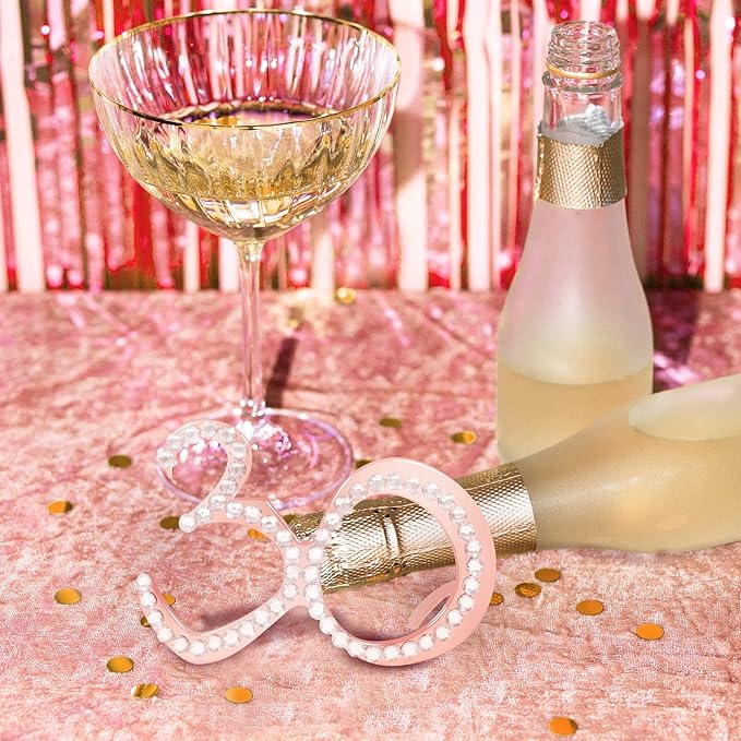 30th Birthday Glasses - 6 Pairs Rose Gold 30 Years Old Glasses with Rhinestones Frame, Funny Plastic Costume Photo Booth Props for 30th Anniversary Party Decorations