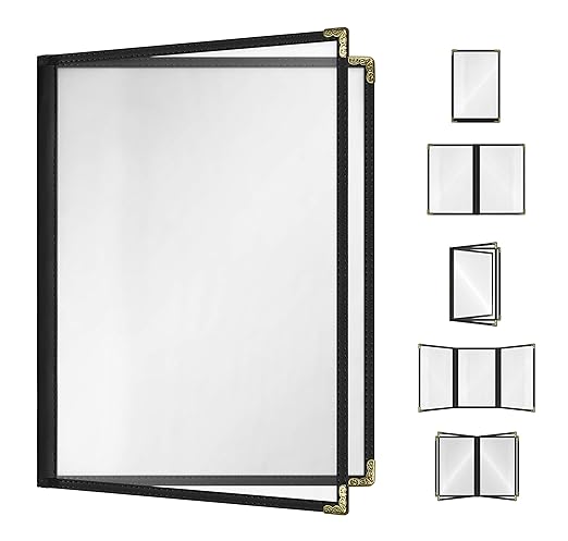 Goodsmart Restaurant Menu Covers - 25 Pack Black 8.5" x 11", 2-Page/4-View, Side-Loading Vinyl Menu Holders, Clear Sleeves, Double-Stitched Edge, Leather-Style Café Covers with Gold Corners