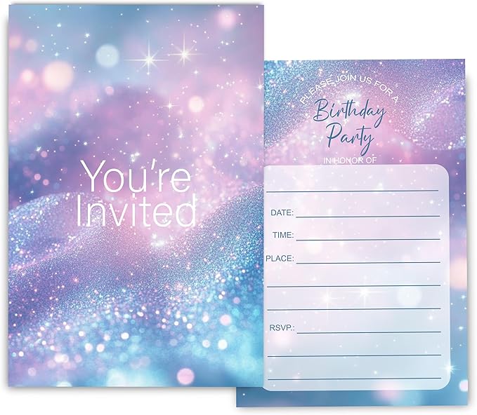 Simple You're Invited Girls Birthday Invitations for Girls, Teal Purple Birthday Party Invitaions for Party Invites, 4x6 Inches, 30 Sets with Envelopes